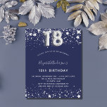 18th birthday navy blue silver invitation<br><div class="desc">A modern,  stylish and glamorous invitation for a 18th birthday party.  A navy blue background,  decorated with faux silver stars. Personalize and add your name and party details.  Number 18 is written with a balloon style font. 

1 sheet = 1 invitation printed edge to edge.</div>