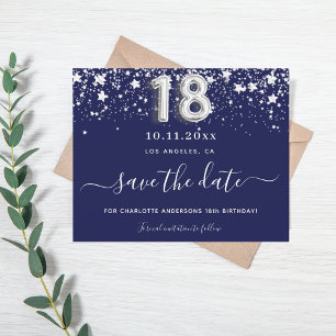 18th birthday navy blue silver save date budget flyer