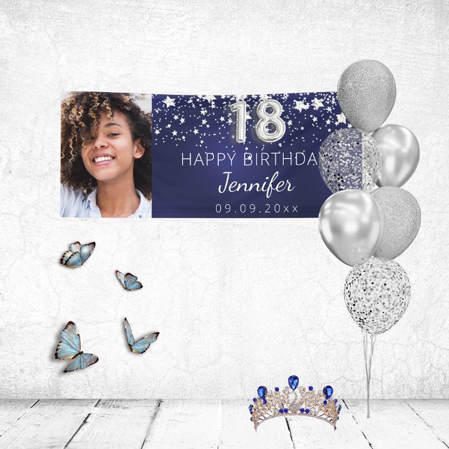 18th birthday navy blue silver stars photo party banner (Creator Uploaded)