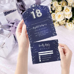 18th Birthday navy blue silver stars rsvp All In One Invitation<br><div class="desc">A navy blue background,  decorated with stars. The blue color is uneven.  Personalize and add names,  party details,  RSVP date,  return address and name.  Number 18 is written with a balloon style font.</div>
