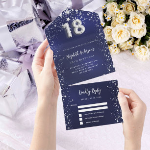 18th Birthday navy blue silver stars rsvp All In One Invitation
