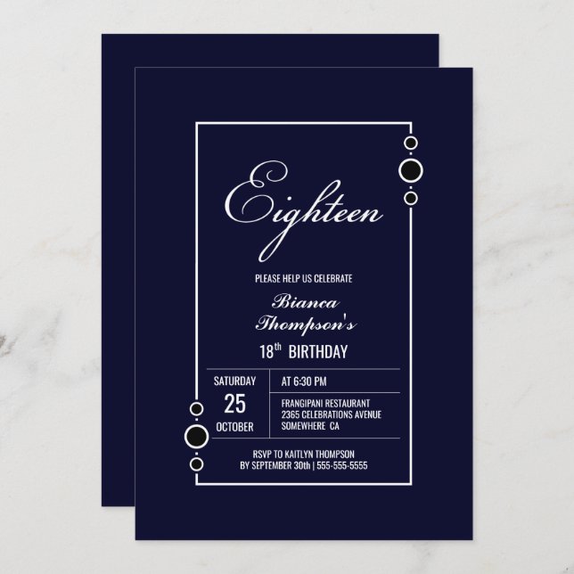 18th Birthday Navy Blue with White Frame Party Invitation (Front/Back)