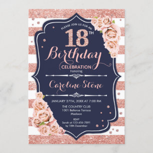 18th Birthday - Navy Rose Gold and White Stripes Invitation