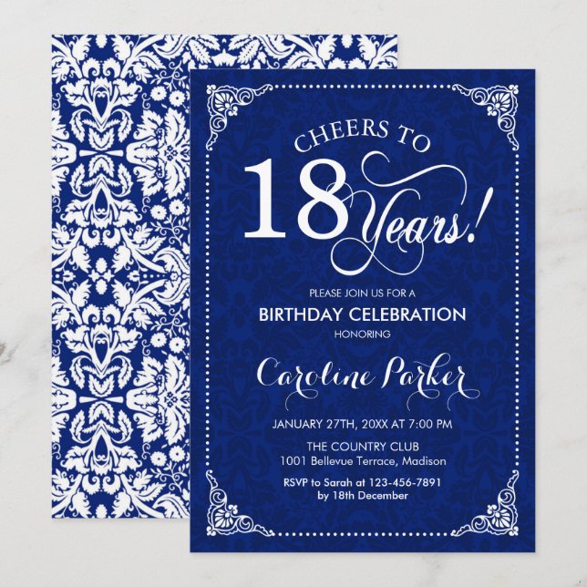 18th Birthday - Navy White Damask Invitation (Front/Back)