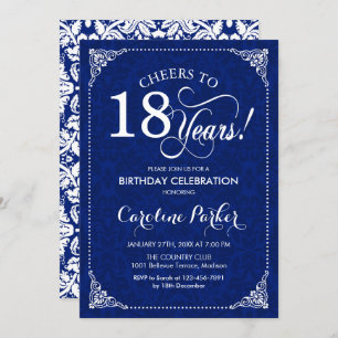 18th Birthday - Navy White Damask Invitation