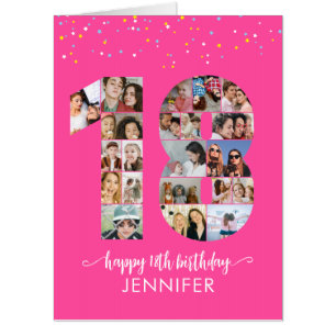 18th Birthday Number 18 Custom Photo Collage Pink Card