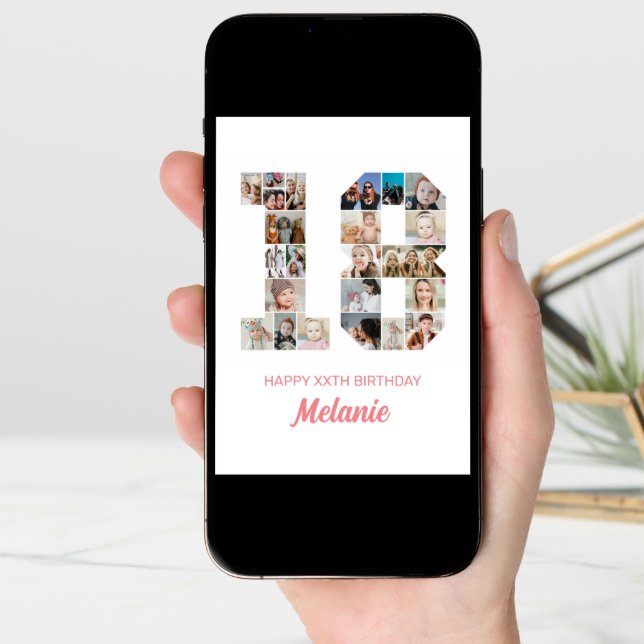 18th Birthday Number 18 Photo Collage Personalized Card (Front Digital)