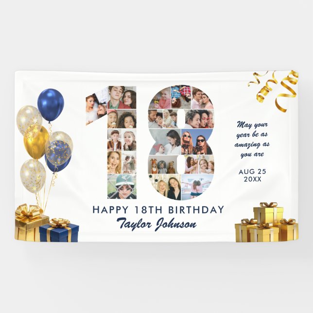 18th Birthday Number 18 Photo Collage White Gold Banner (Horizontal)