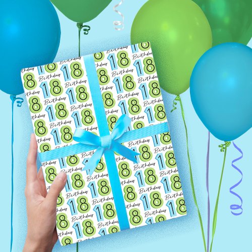 18th Birthday Numbers Green Blue Wrapping Paper Sheets