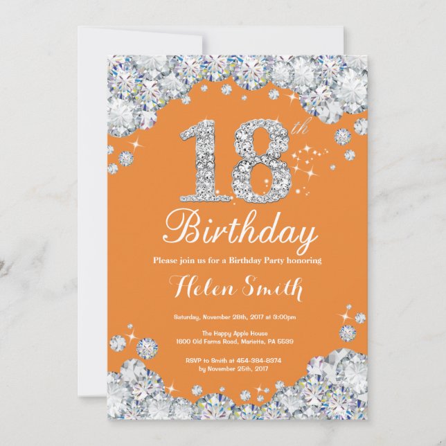18th Birthday Orange and Silver Diamond Invitation (Front)