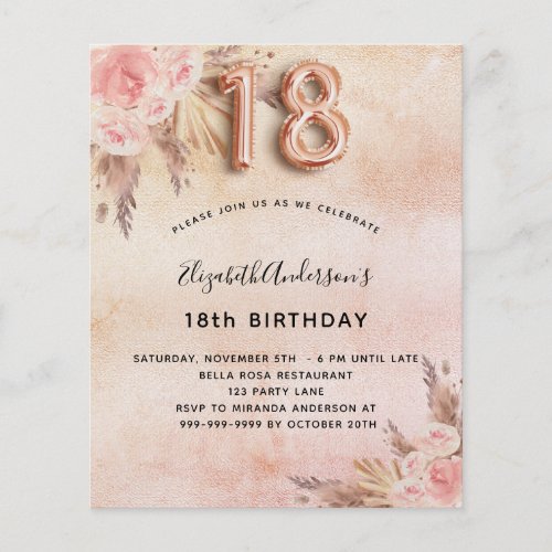 18th birthday pampas grass rose budget invitation