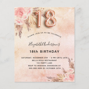 18th birthday pampas grass rose budget invitation flyer