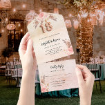 18th birthday pampas grass rose pink florals RSVP All In One Invitation<br><div class="desc">A rustic rose gold and blush pink gradient backround decorated with blush pink florals and pampas grass. Personalize and add your name,  and the details. Black colored letters.  Number 18 is written with a rose gold balloons style font.</div>