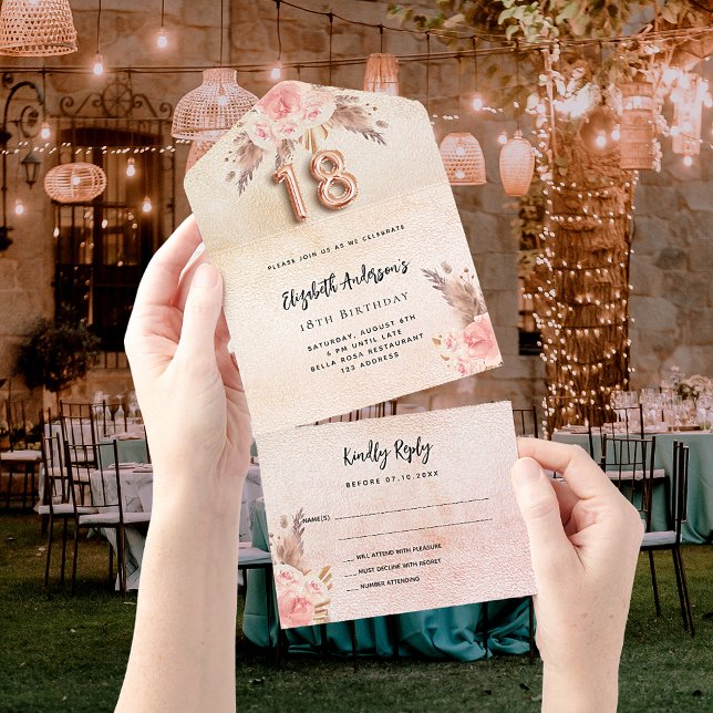 18th birthday pampas grass rose pink florals RSVP All In One Invitation (Creator Uploaded)