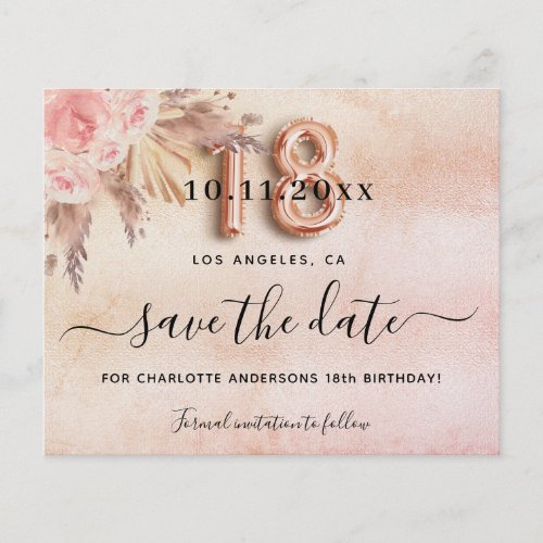 18th birthday pampas rose save the date budget