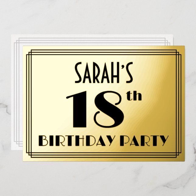 18th Birthday Party — Art Deco Look “18” + Name Foil Invitation (Front/Back)