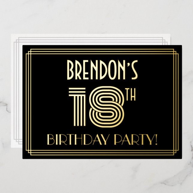 18th Birthday Party — Art Deco Style “18” + Name Foil Invitation (Front/Back)