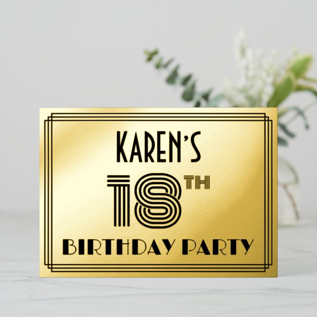 18th Birthday Party — Art Deco Style “18” & Name Foil Invitation (Standing Front)
