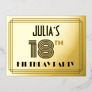18th Birthday Party ~ Art Deco Style “18” + Name Foil Invitation Postcard