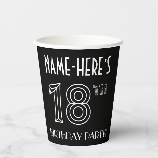 18th Birthday Party: Art Deco Style + Custom Name Paper Cups (Front)