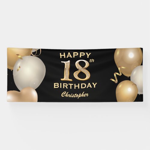 18th Birthday Party Black and Gold Balloons Banner