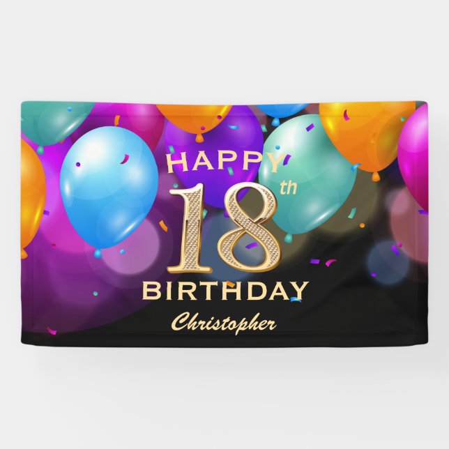 18th Birthday Party Black and Gold Balloons Banner (Horizontal)