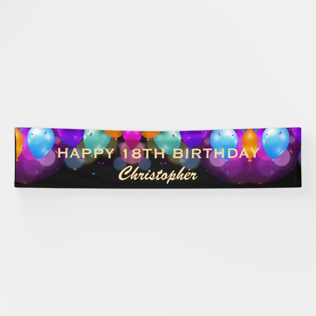 18th Birthday Party Black and Gold Balloons Banner (Horizontal)