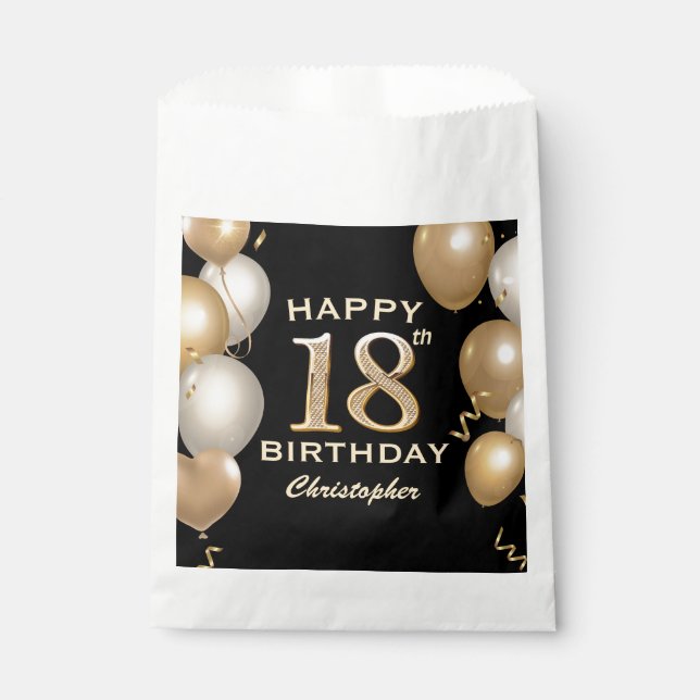 18th Birthday Party Black and Gold Balloons Favor Bag (Front)