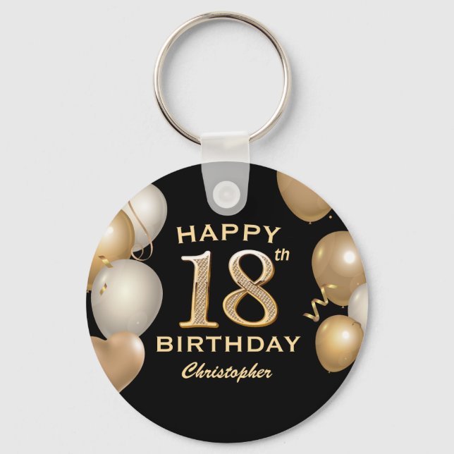 18th Birthday Party Black and Gold Balloons Keychain (Front)