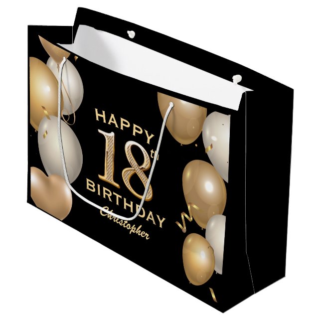 18th Birthday Party Black and Gold Balloons Large Gift Bag (Front Angled)