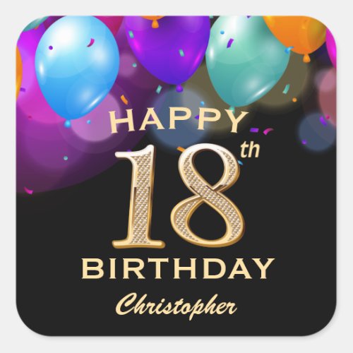 18th Birthday Party Black and Gold Balloons Square Sticker