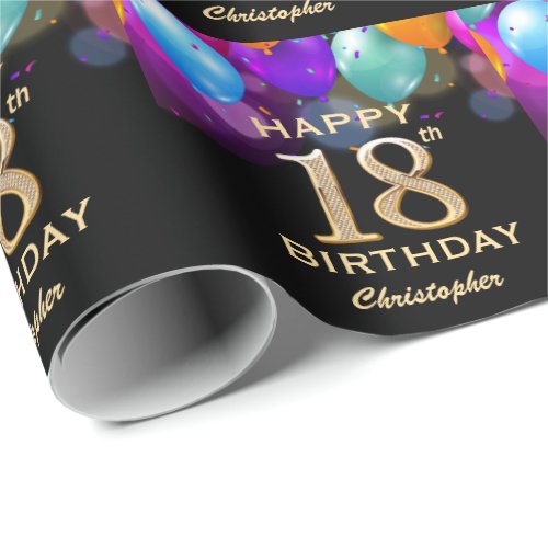 18th Birthday Party Black and Gold Balloons Wrapping Paper