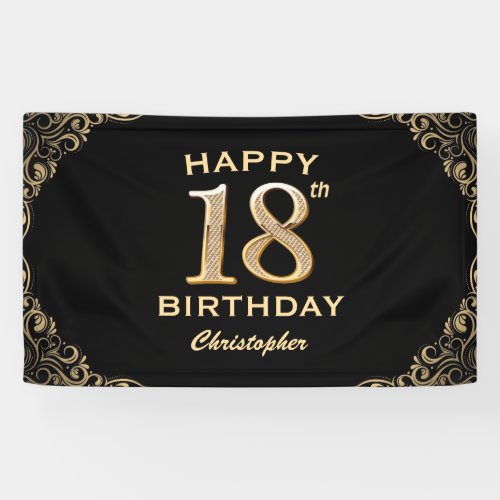 18th Birthday Party Black and Gold Glitter Frame Banner