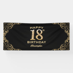 18th Birthday Party Black and Gold Glitter Frame Banner