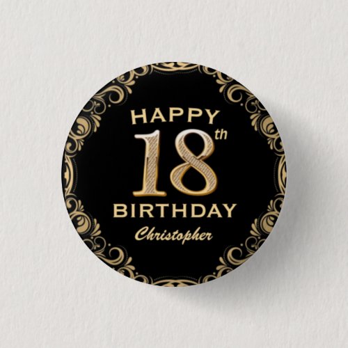 18th Birthday Party Black and Gold Glitter Frame Button