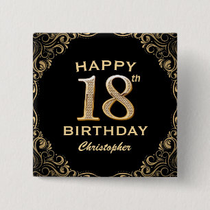 18th Birthday Party Black and Gold Glitter Frame Button