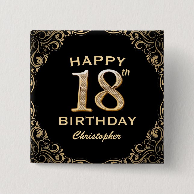 18th Birthday Party Black and Gold Glitter Frame Button (Front)