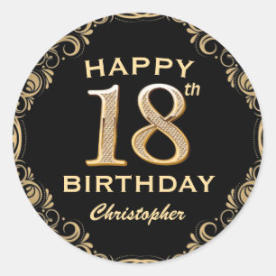 18th Birthday Party Black and Gold Glitter Frame Classic Round Sticker