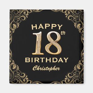18th Birthday Party Black and Gold Glitter Frame Magnet