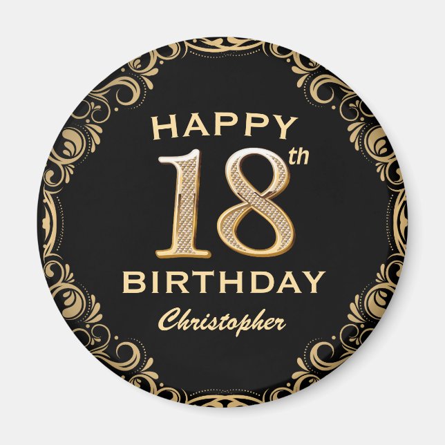 18th Birthday Party Black and Gold Glitter Frame Magnet (Front)