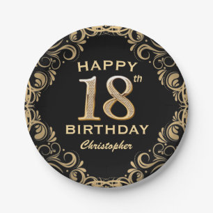 18th Birthday Party Black and Gold Glitter Frame Paper Plates