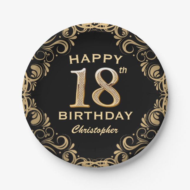 18th Birthday Party Black and Gold Glitter Frame Paper Plates (Front)