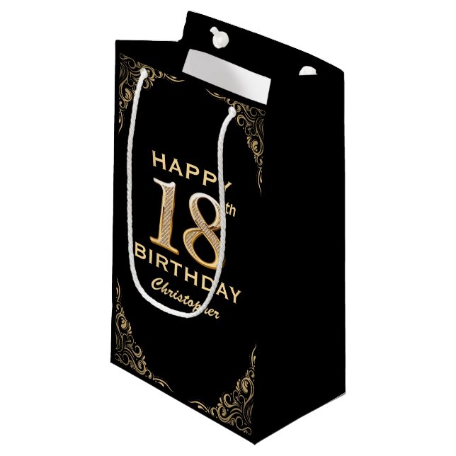18th Birthday Party Black and Gold Glitter Frame Small Gift Bag (Front Angled)