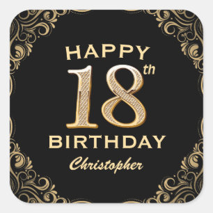 18th Birthday Party Black and Gold Glitter Frame Square Sticker