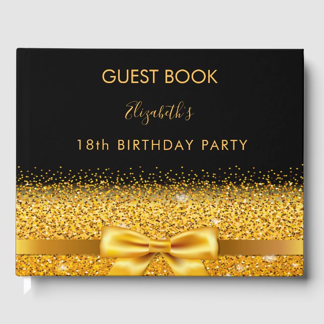 18th birthday party black gold bow glam sparkle guest book (Front)