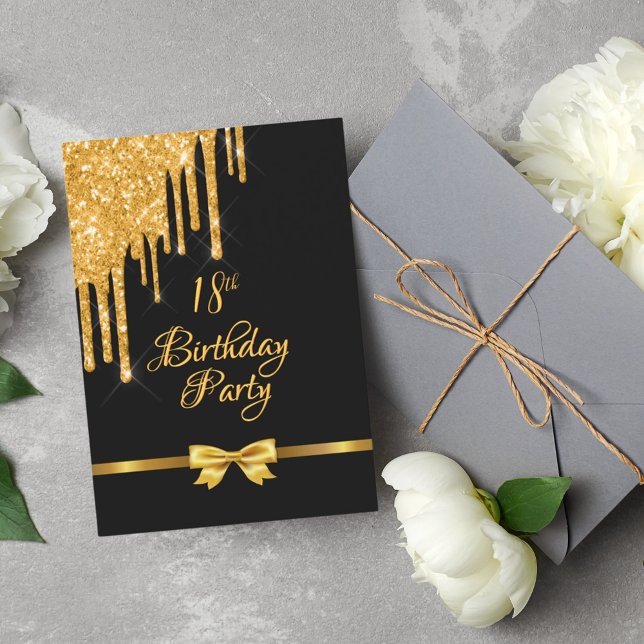 18th birthday party black gold bow glitter drip invitation (Creator Uploaded)