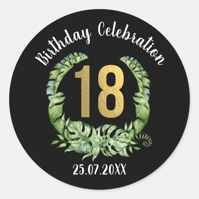 18th Birthday Party black gold Classic Round Sticker (Front)