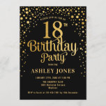 18th Birthday Party - Black & Gold Invitation<br><div class="desc">18th Birthday Party Invitation.
Elegant design in black and faux glitter gold. Features stylish script font and confetti. Message me if you need custom age.</div>