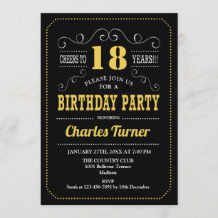 18th Birthday Party - Black Gold White Invitation