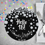 18th birthday party black hello 18 diamonds name paper plates<br><div class="desc">An elegant and glamorous black and white paper plate for a 18th birthday party for a girl. A chic black colored background.  A black colored circle with modern hand lettered style text: Hello 18! Faux diamonds as decoration.  Template for a name and a date,  curved text.</div>